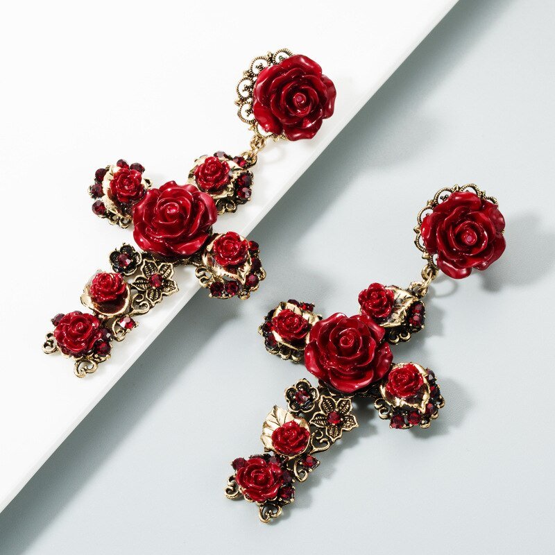 Années 50 Boucles d'oreilles Croix Roses Baroque - Ma Penderie Vintage
