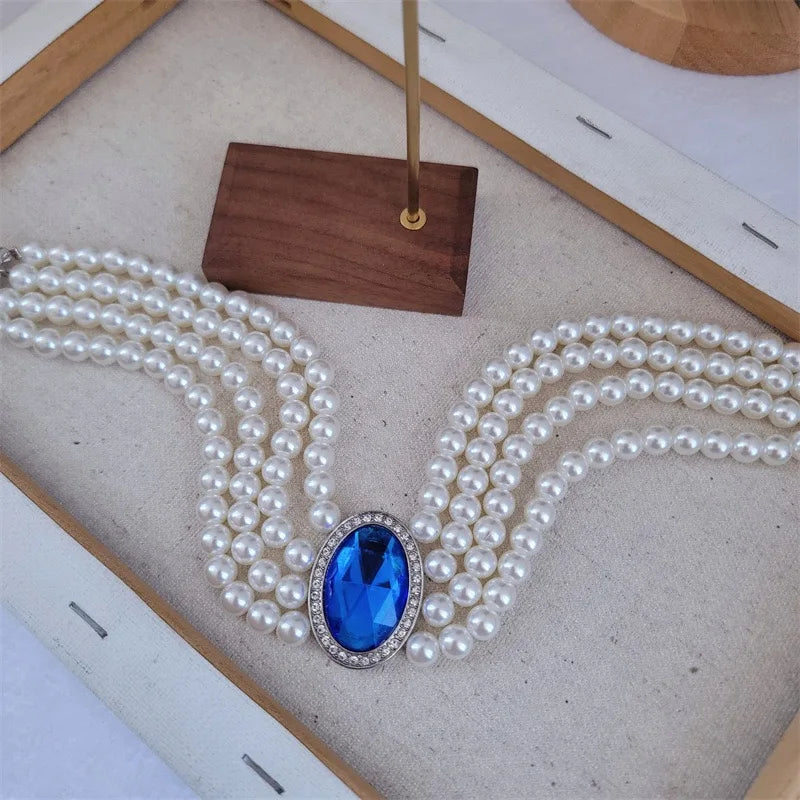 Années 80 Collier Diana Style Perles Et Saphir - Ma Penderie Vintage