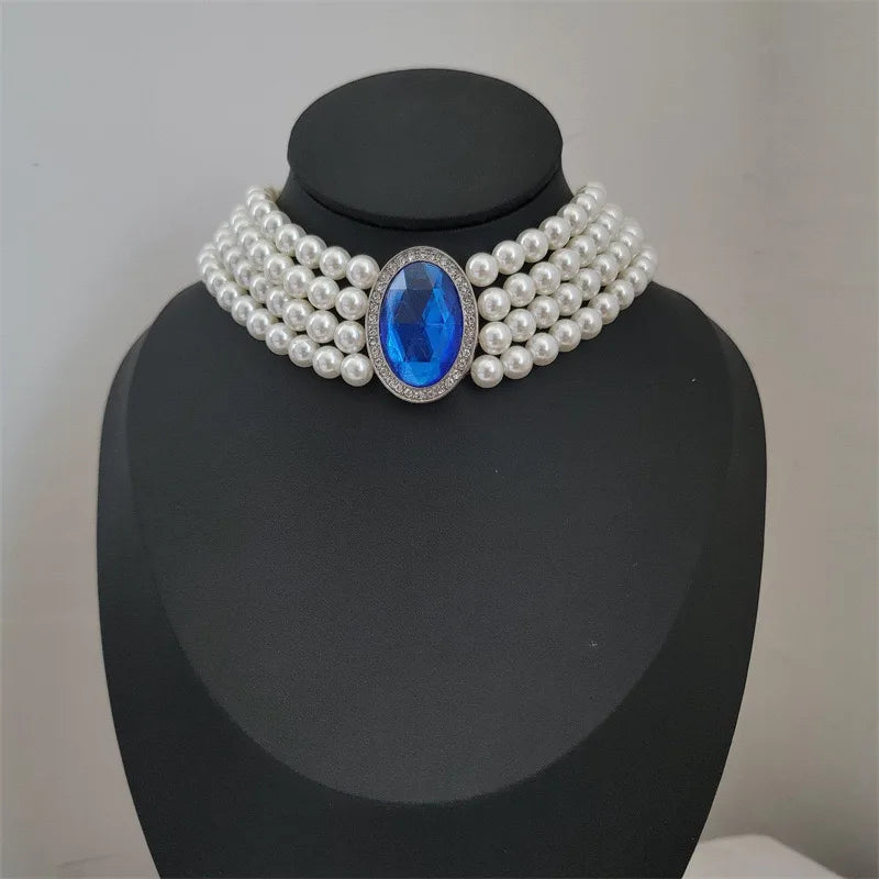 Années 80 Collier Diana Style Perles Et Saphir - Ma Penderie Vintage