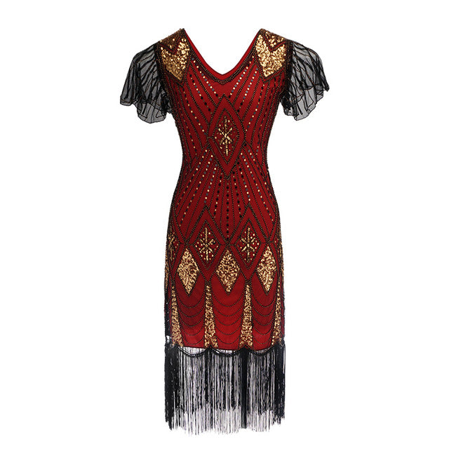 Années 20 Robe Art Déco Sequin Gatsby Rouge - Ma Penderie Vintage