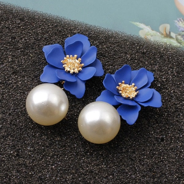 Années 40 Boucles d'Oreilles Rétro Fleur Et Perle Bleu - Ma Penderie Vintage