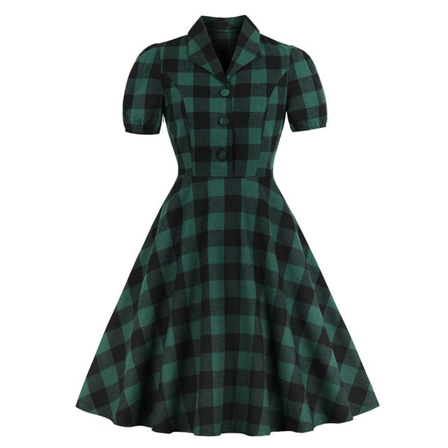 Années 50 Robe Évasée Vintage A Carreaux Grandes Taille Vert - Ma Penderie Vintage